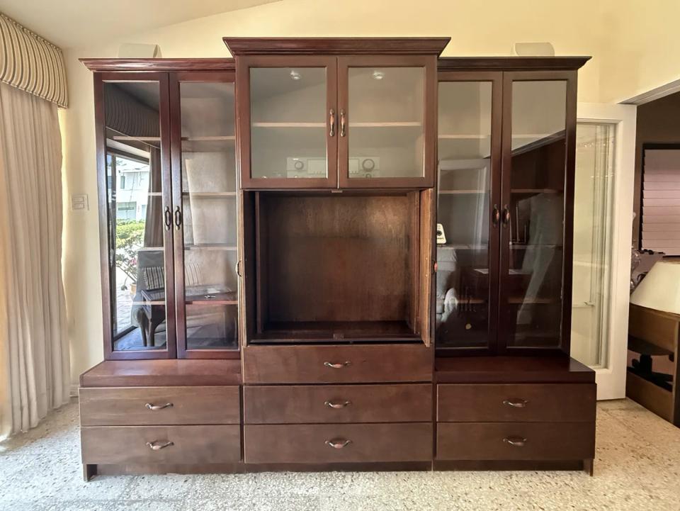 Large Three-Bay Mahogany Display and Media Cabinet