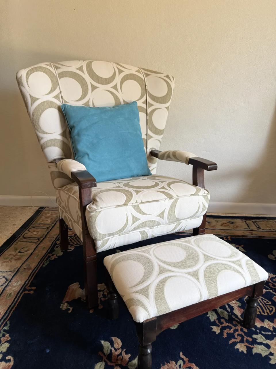 Antique Wing Armchair with Mahogany Show-Wood Arms and Matching Footstool