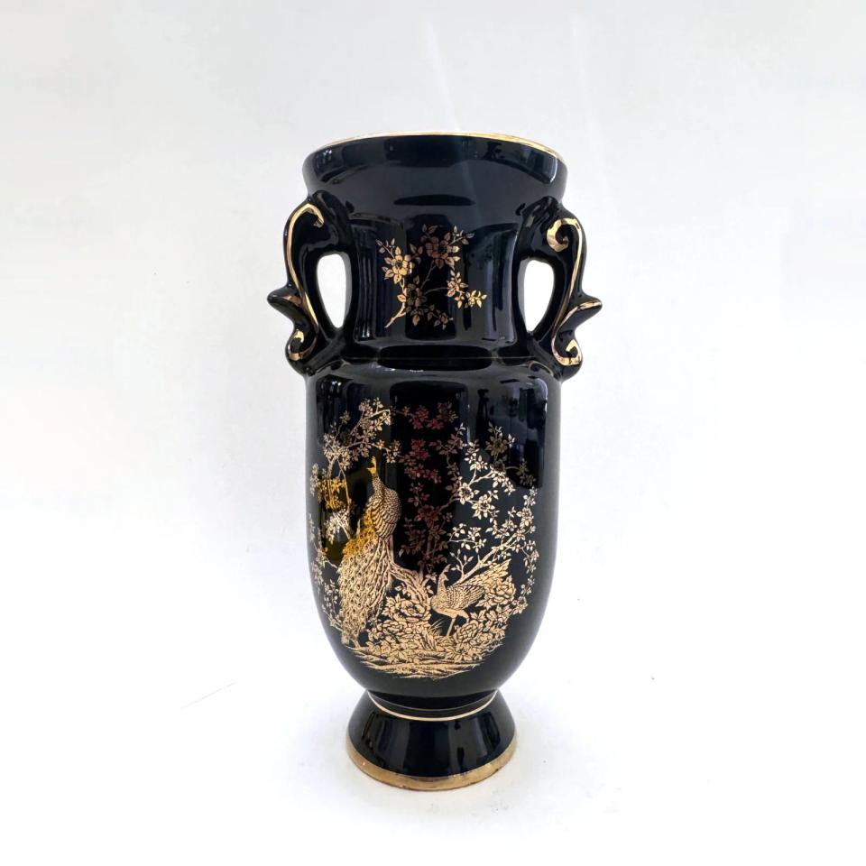 Black and Gold Twin-Handled Ceramic Vase — 24k Gold Decoration