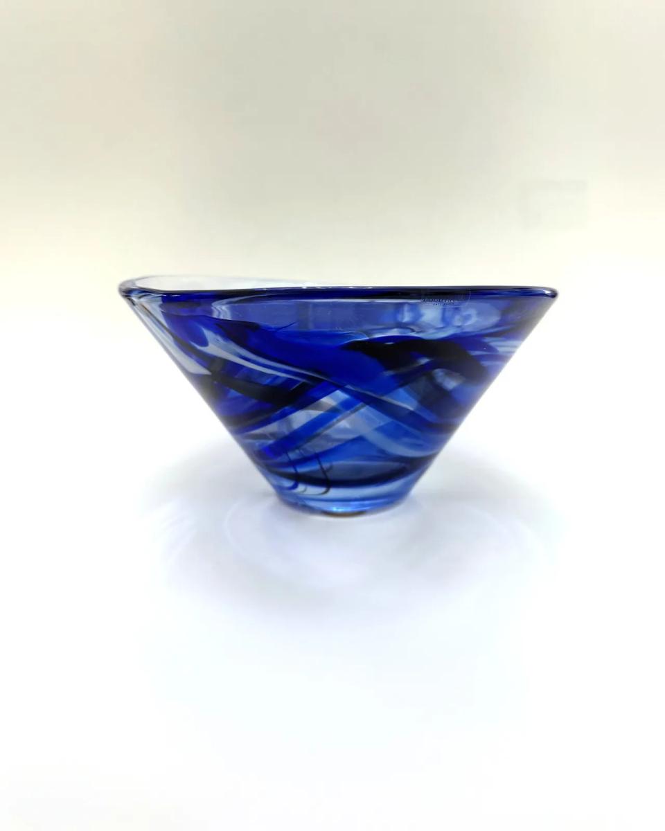 Blue Swirl Art Glass Conical Bowl