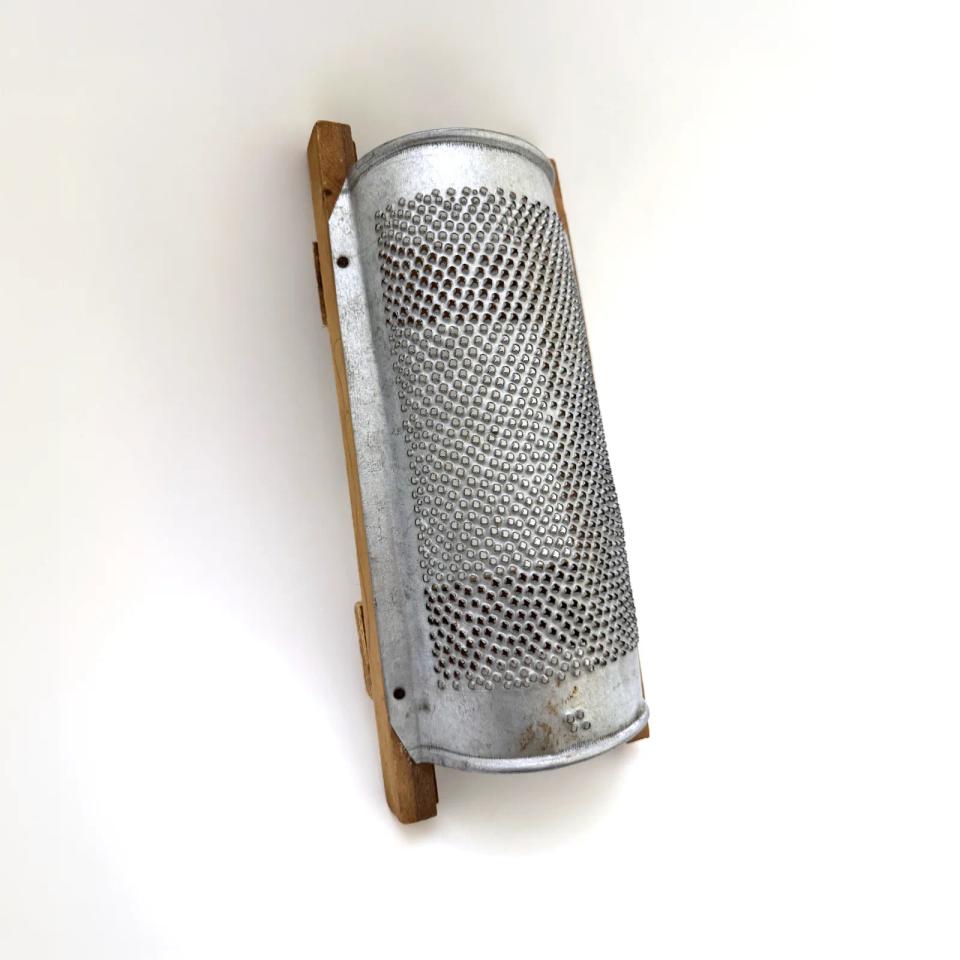 Vintage Rotary Punched-Tin Kitchen Grater on Wooden Stand
