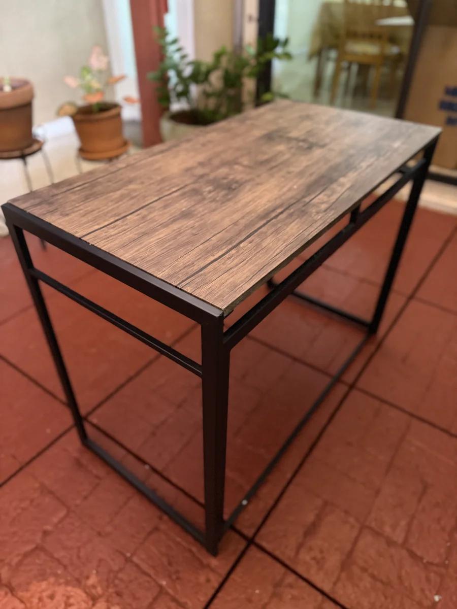 Industrial-Style Desk with Rustic Wood-Effect Top on Black Steel Frame