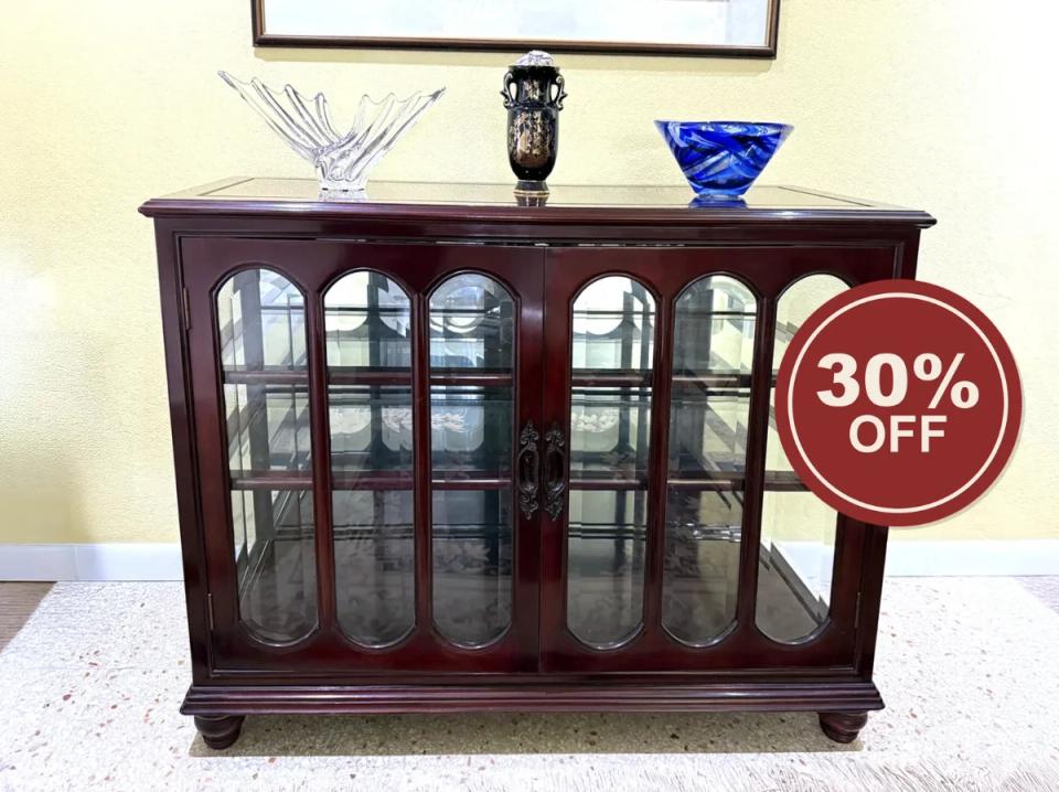 Low Mahogany Glazed Display Cabinet with Glass Shelves
