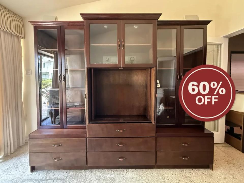 Large Three-Bay Mahogany Display and Media Cabinet