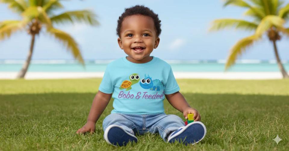 Official Bobo & Teedee® Official Baby & Toddler T-Shirt – Caymanian Cartoon Sea Turtle & Blue Iguana Graphic Cotton Tee (Coming Soon)